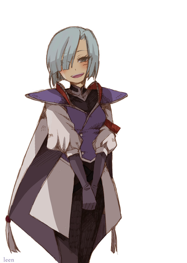 takara (lvg), leen (grandia), game arts, grandia, grandia i, silver hair, uniform, 1girl, aqua eyes, aqua hair, black gloves, cowboy shot, elbow gloves, female focus, gloves, hair over one eye, looking at viewer, red eyes, short hair, shoulder pads, smile, solo, standing, v arms