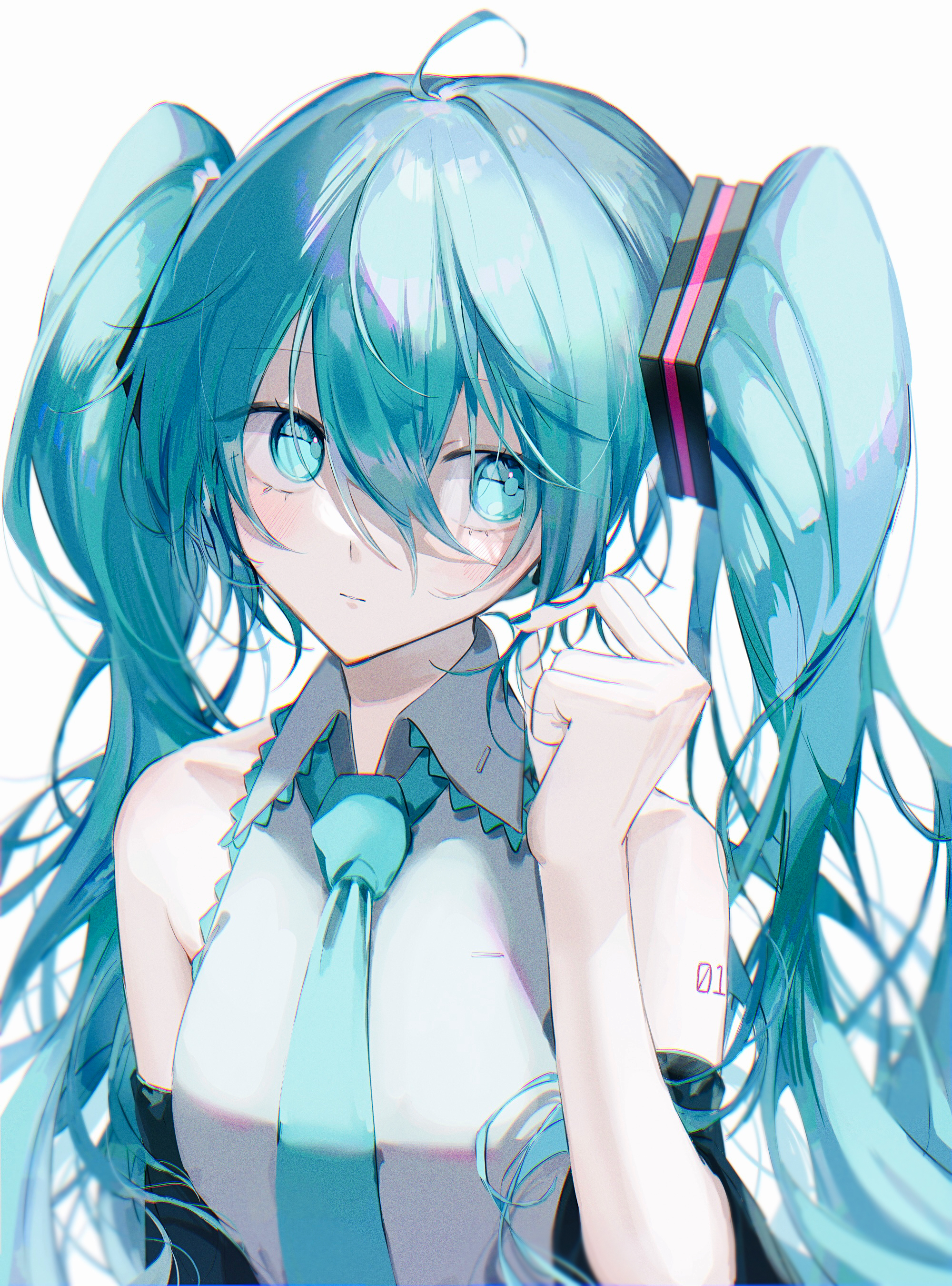 saksak mocchiri, hatsune miku, vocaloid, absurdres, commentary request, highres, 1girl, ahoge, aqua eyes, aqua hair, aqua nails, aqua necktie, arm up, bare shoulders, black sleeves, closed mouth, collared shirt, detached sleeves, fingernails, grey shirt, hair between eyes, long hair, looking to the side, necktie, page number, shirt, shoulder tattoo, simple background, solo, tattoo, twintails, twirling hair, upper body, white background