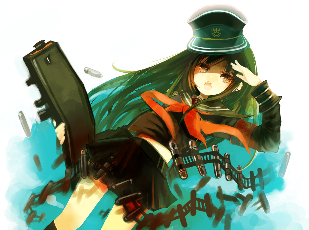shirako mugi, original, armband, brown eyes, earrings, green hair, gun, hat, jewelry, long hair, salute, school uniform, serafuku, solo, weapon