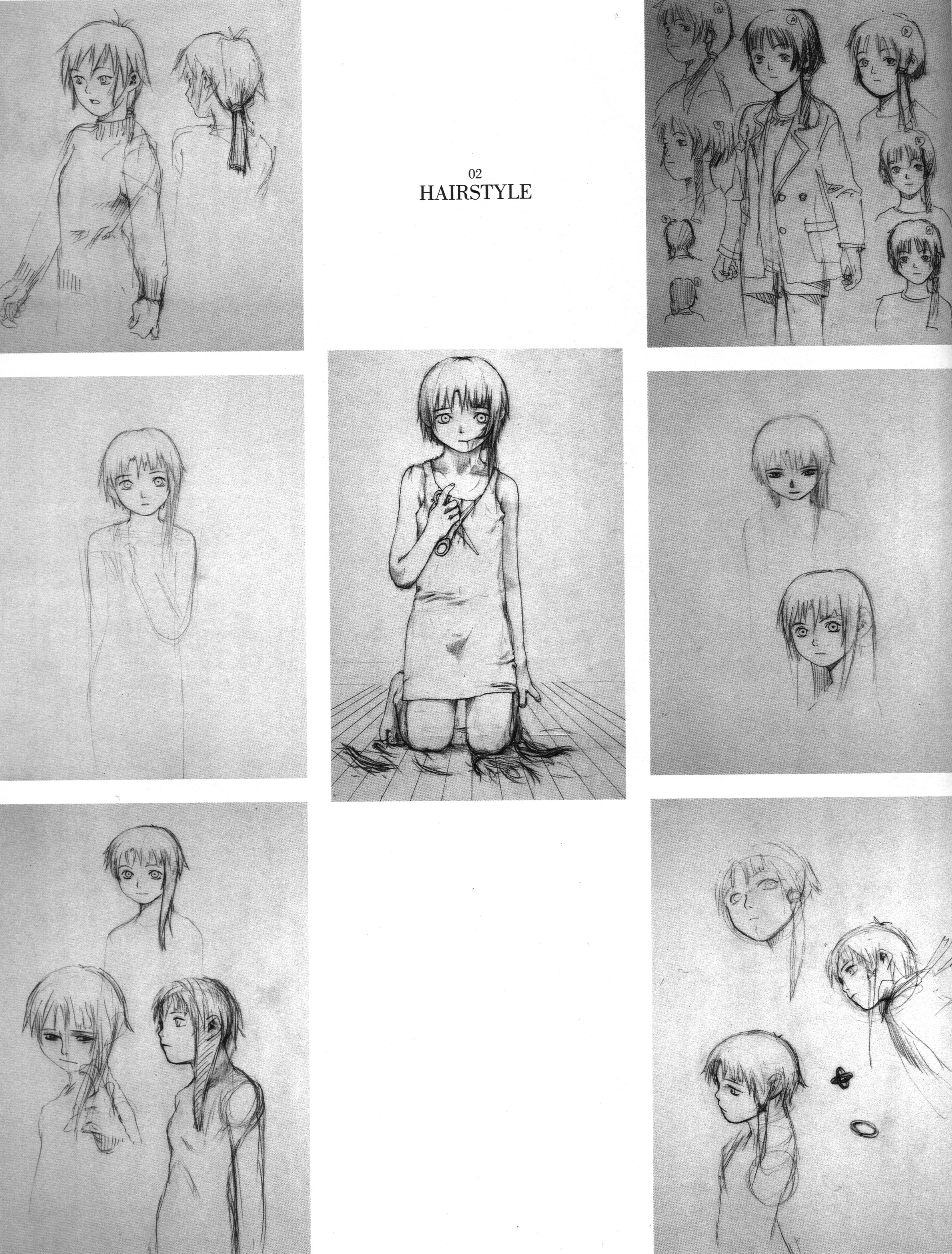 abe yoshitoshi, iwakura lain, serial experiments lain, absurdres, highres, official art, 1990s (style), 1girl, cowboy shot, english text, female focus, greyscale, kneeling, monochrome, multiple views, production art, retro artstyle, scissors, sketch, standing