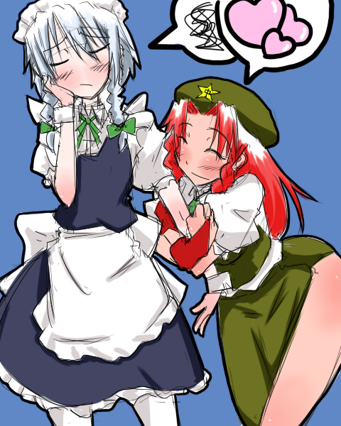 bakuya, hong meiling, izayoi sakuya, embodiment of scarlet devil, touhou, silver hair, 2girls, blush, female focus, hairband, hat, heart, hug, long hair, maid, multiple girls, pantyhose, red hair, short hair, yuri