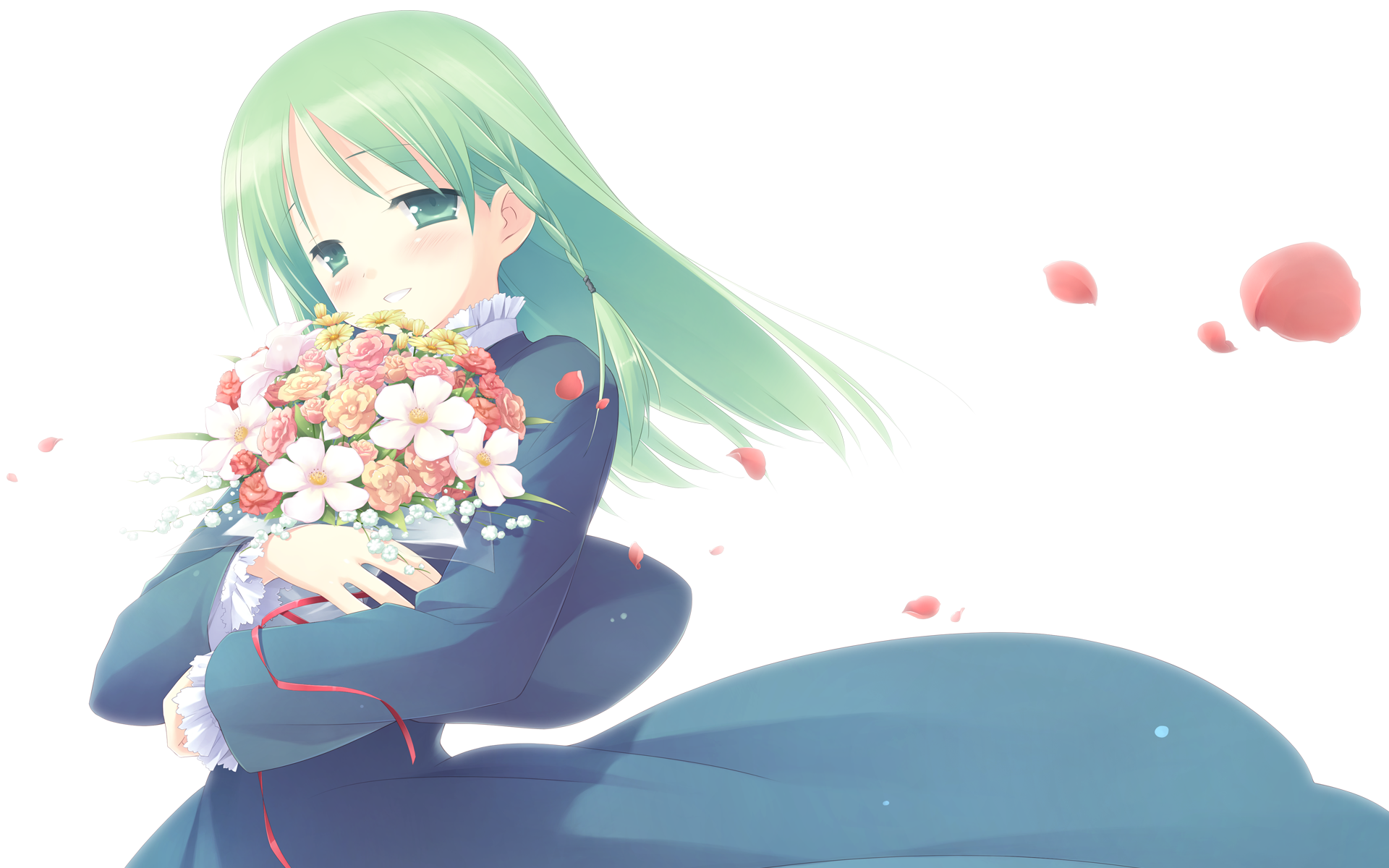 gayarou, garden (game), highres, 1girl, female focus, flower, green eyes, green hair, matching hair/eyes, petals, solo