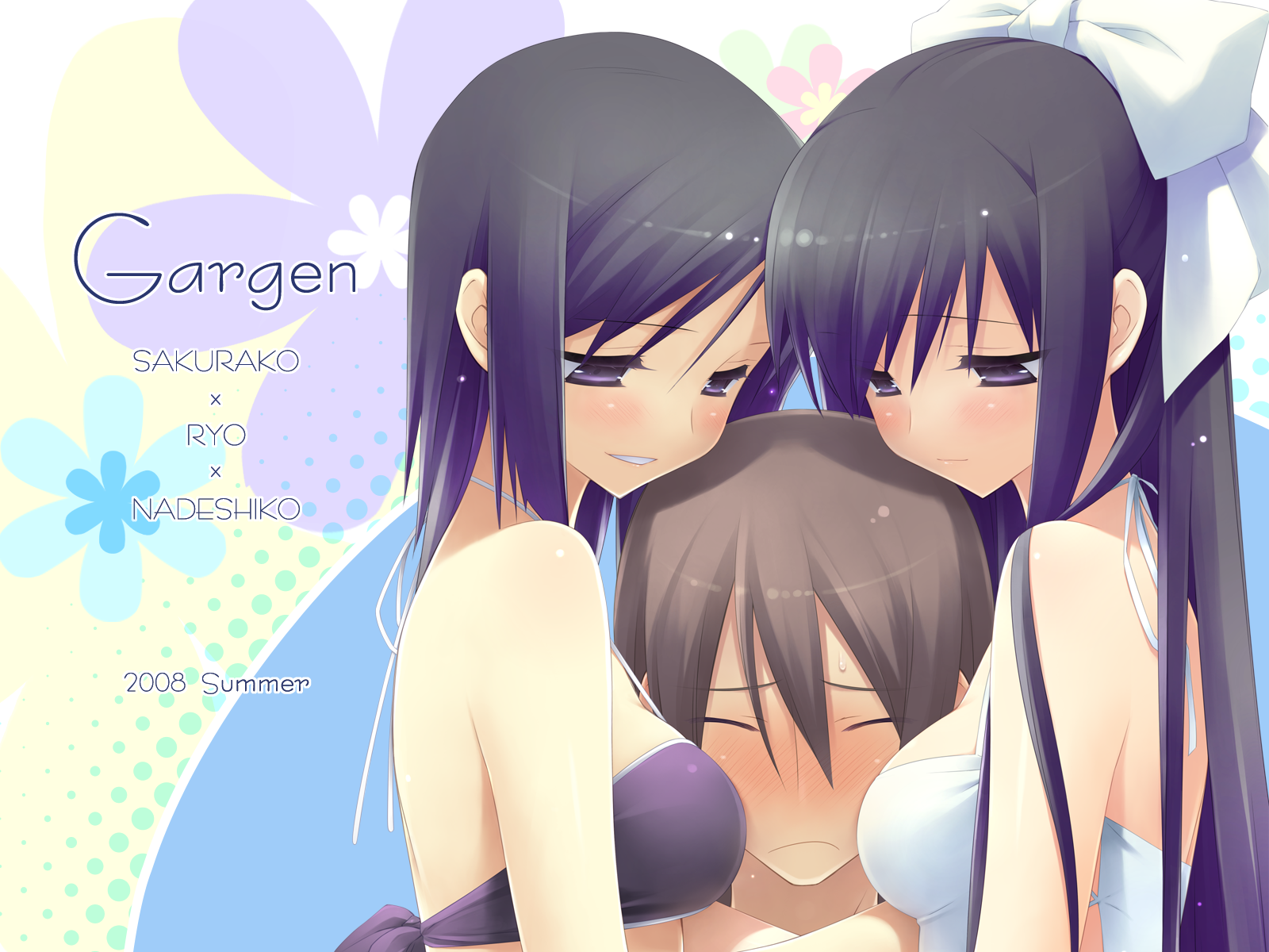 gayarou, kantoku, kasuga madeshiko, kasuga nadeshiko, kasuga sakurako, sakagami jin, garden (game), highres, 1boy, 2girls, bikini, black hair, blush, bow, brown hair, garden, girl sandwich, hair bow, long hair, multiple girls, purple eyes, sandwiched, short hair, siblings, sisters, smile, swimsuit, twins