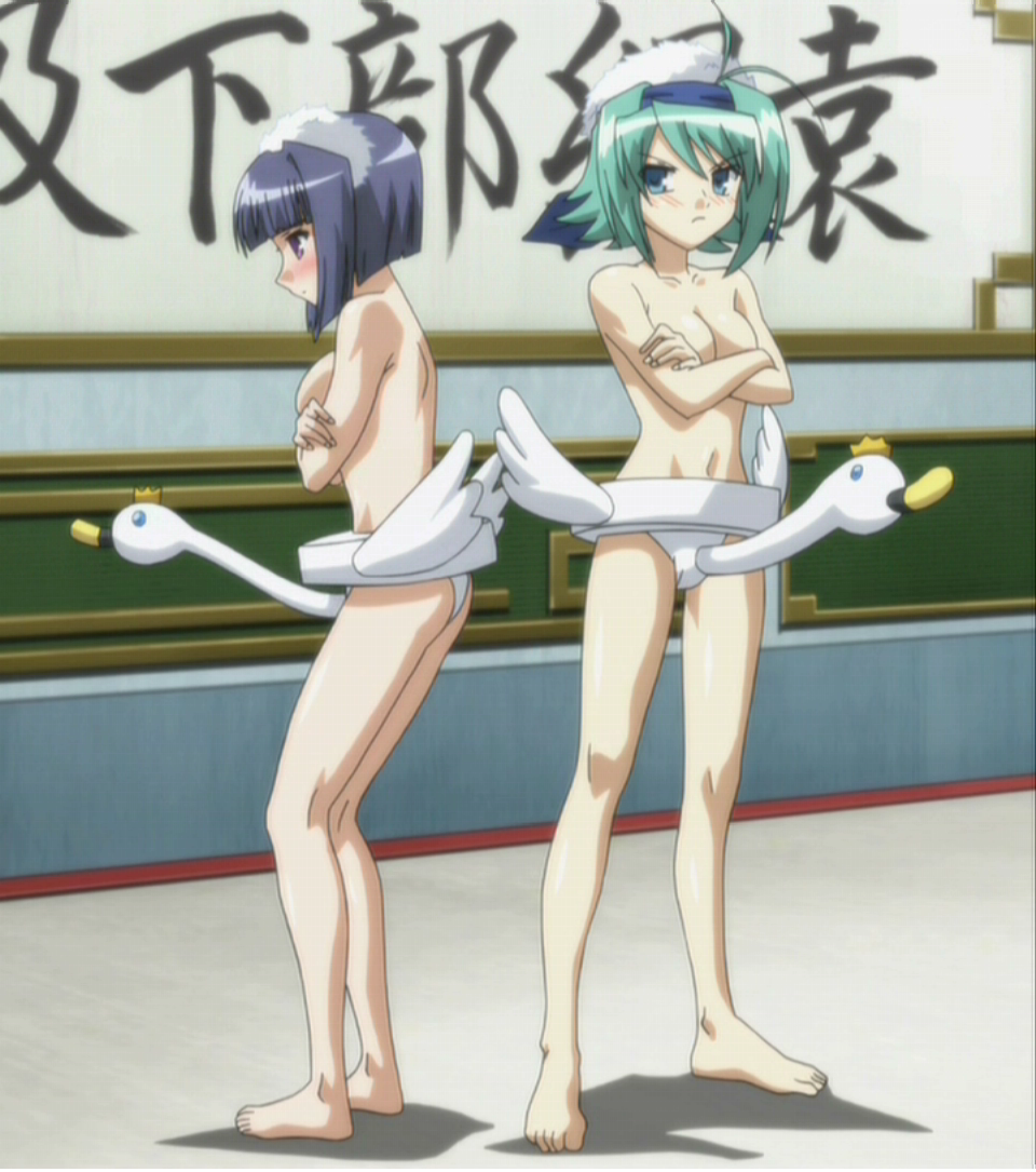 bunshuu (koihime musou), ganryou (koihime musou), koihime musou, anime screenshot, stitched, third-party edit, 00s, 2girls, angry, ass, barefoot, blue hair, blush, breasts, crossed arms, female focus, green hair, multiple girls, short hair, small breasts, topless female