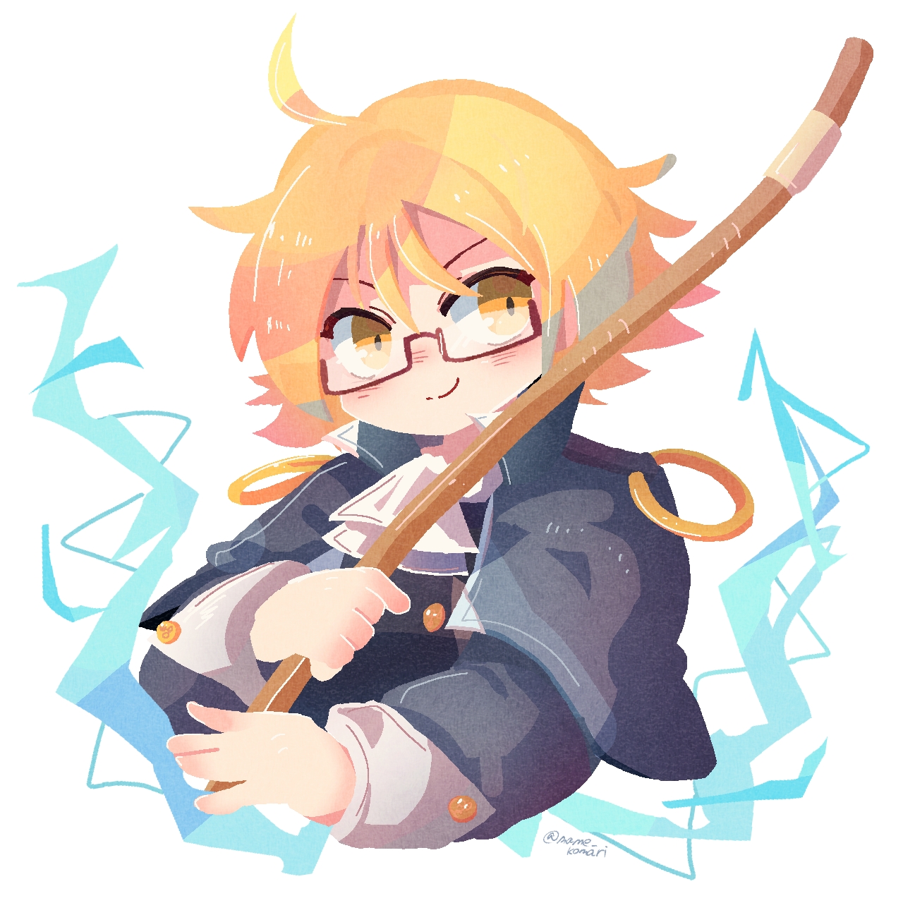 mame komari, original, commentary request, highres, 1girl, ascot, black capelet, black shirt, blonde hair, blush, capelet, closed mouth, cropped torso, glasses, holding, holding staff, long sleeves, looking at viewer, no lineart, red-framed eyewear, semi-rimless eyewear, shirt, short hair, simple background, smile, solo, staff, twitter username, under-rim eyewear, white ascot, white background, yellow eyes