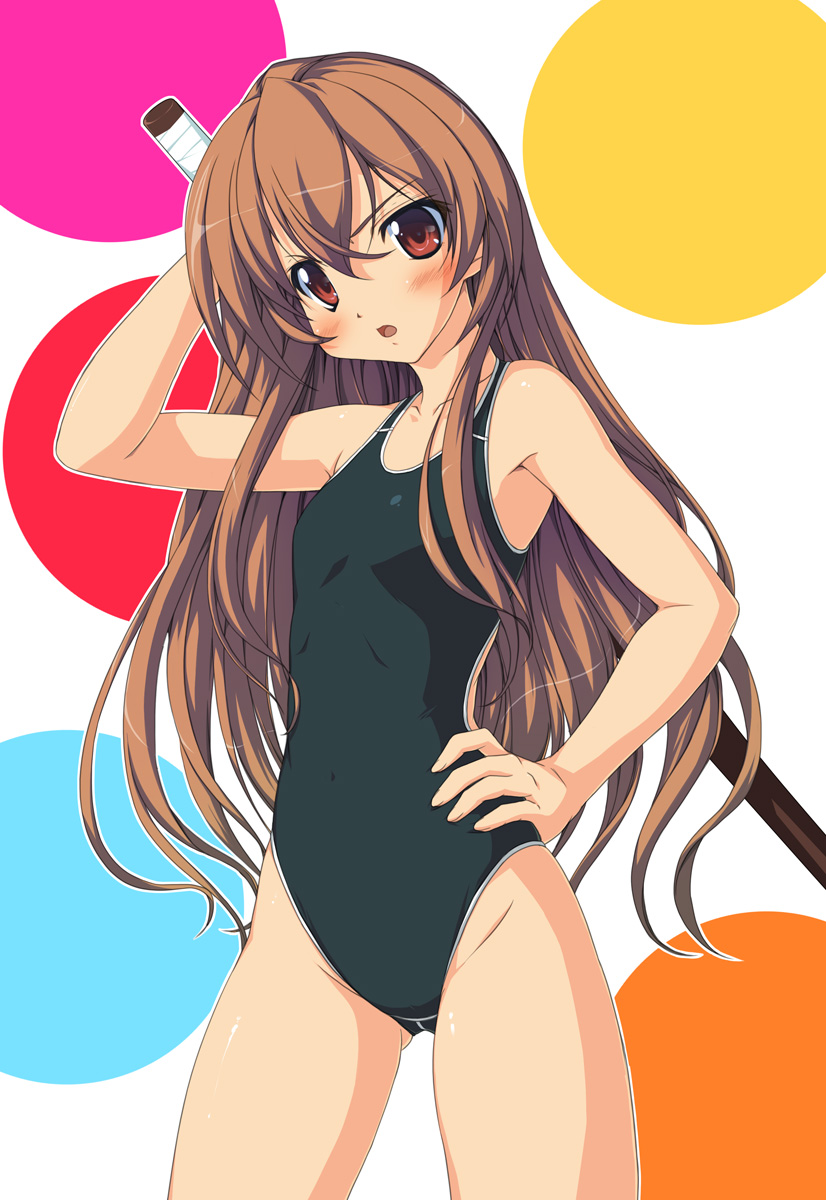 ishii akira, aisaka taiga, toradora!, highres, 00s, 1girl, blush, bokken, brown eyes, brown hair, competition swimsuit, female focus, flat chest, long hair, one-piece swimsuit, solo, swimsuit, sword, weapon, wooden sword