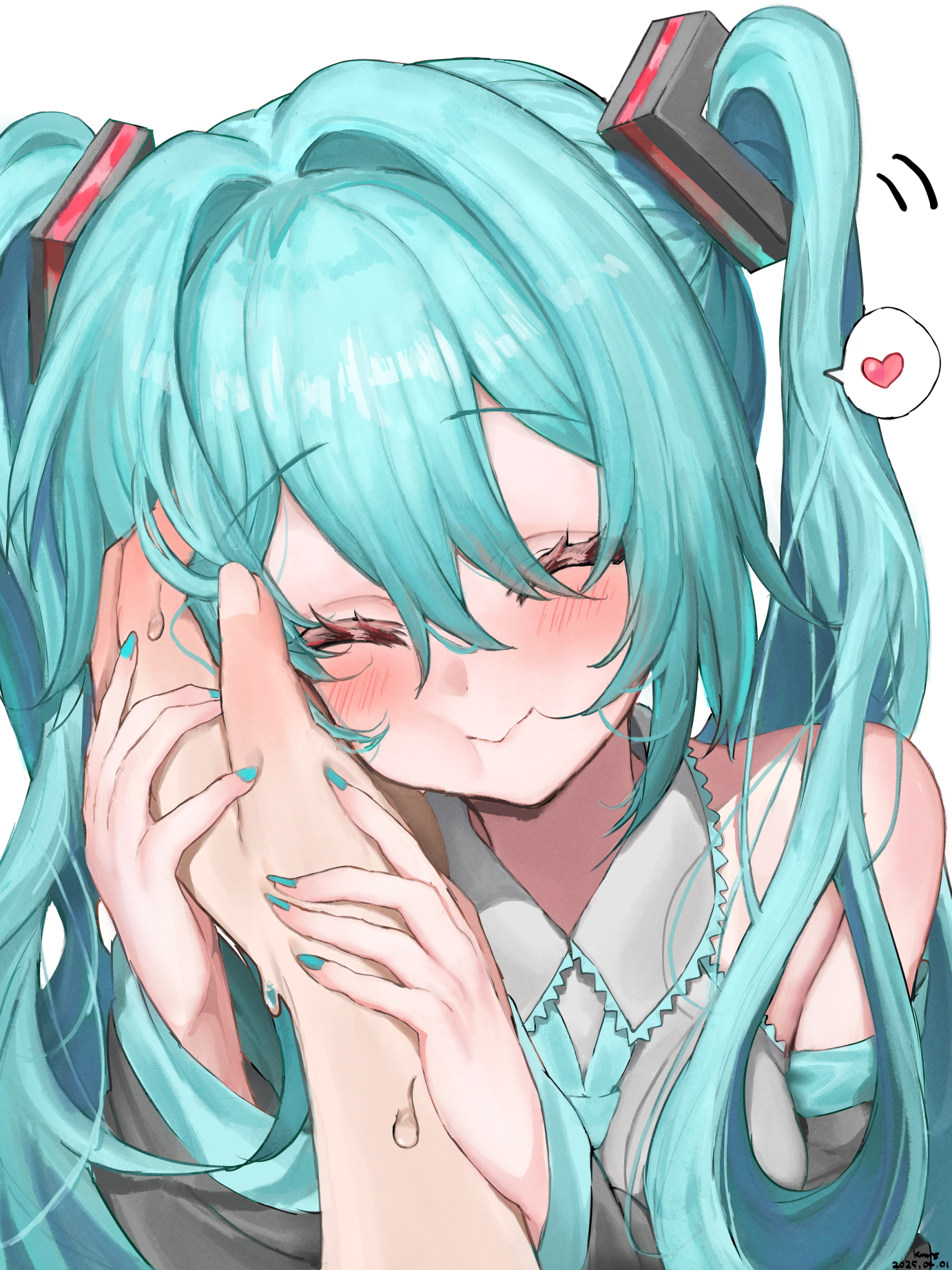kanimiso uni, hatsune miku, master (vocaloid), vocaloid, commentary request, highres, 1girl, 1other, aqua eyes, aqua hair, aqua nails, aqua necktie, aqua trim, blush, breasts, closed mouth, collared shirt, detached sleeves, grey shirt, hair between eyes, hair ornament, hand on another's cheek, hand on another's face, heart, long hair, long sleeves, medium breasts, necktie, pout, pov, pov hands, shirt, smile, speech bubble, spoken heart, twintails, very long hair, wide sleeves