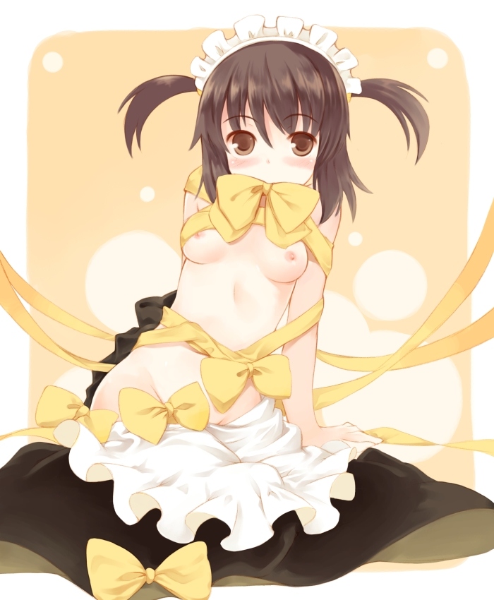 kurasuke, kurasuke's maid girl, original, 1girl, blush, bow, breasts, brown eyes, brown hair, female focus, maid, maid headdress, mouth hold, naked ribbon, nipples, ribbon, short hair, sitting, small breasts, solo, twintails