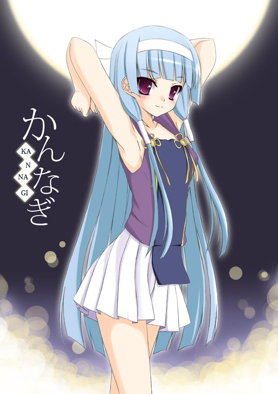 tomosuke, nagi, kannagi, 00s, 1girl, armpits, blue hair, blunt bangs, female focus, hair tubes, hairband, long hair, outdoors, pleated skirt, skirt, sky, solo, white skirt