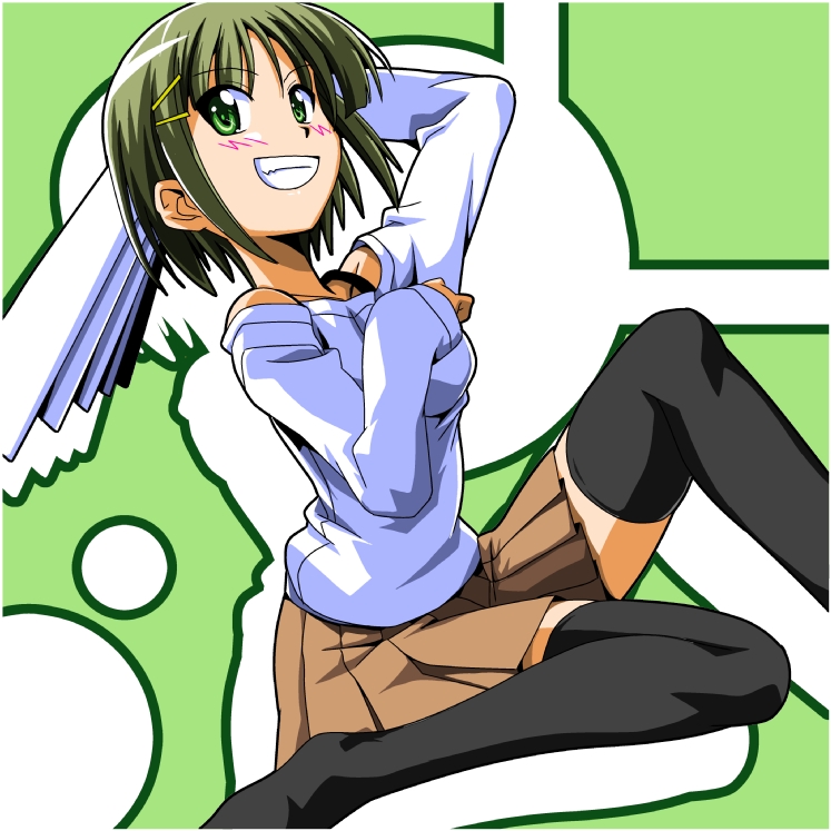 segawa haruna, aizawa sakuya, hayate no gotoku!, 00s, grin, hand fan, harisen, smile, solo, thighhighs, zettai ryouiki