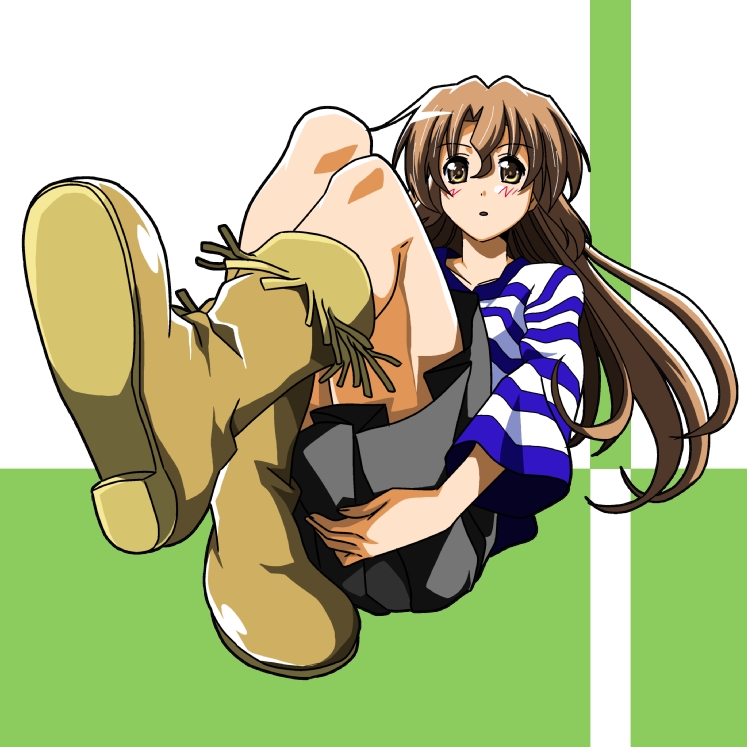 segawa haruna, maria (hayate no gotoku!), hayate no gotoku!, bad id, 00s, 1girl, :o, blush, boots, brown boots, female focus, full body, glasses, knee boots, knees up, long hair, looking at viewer, parted lips, rimless eyewear, solo, very long hair