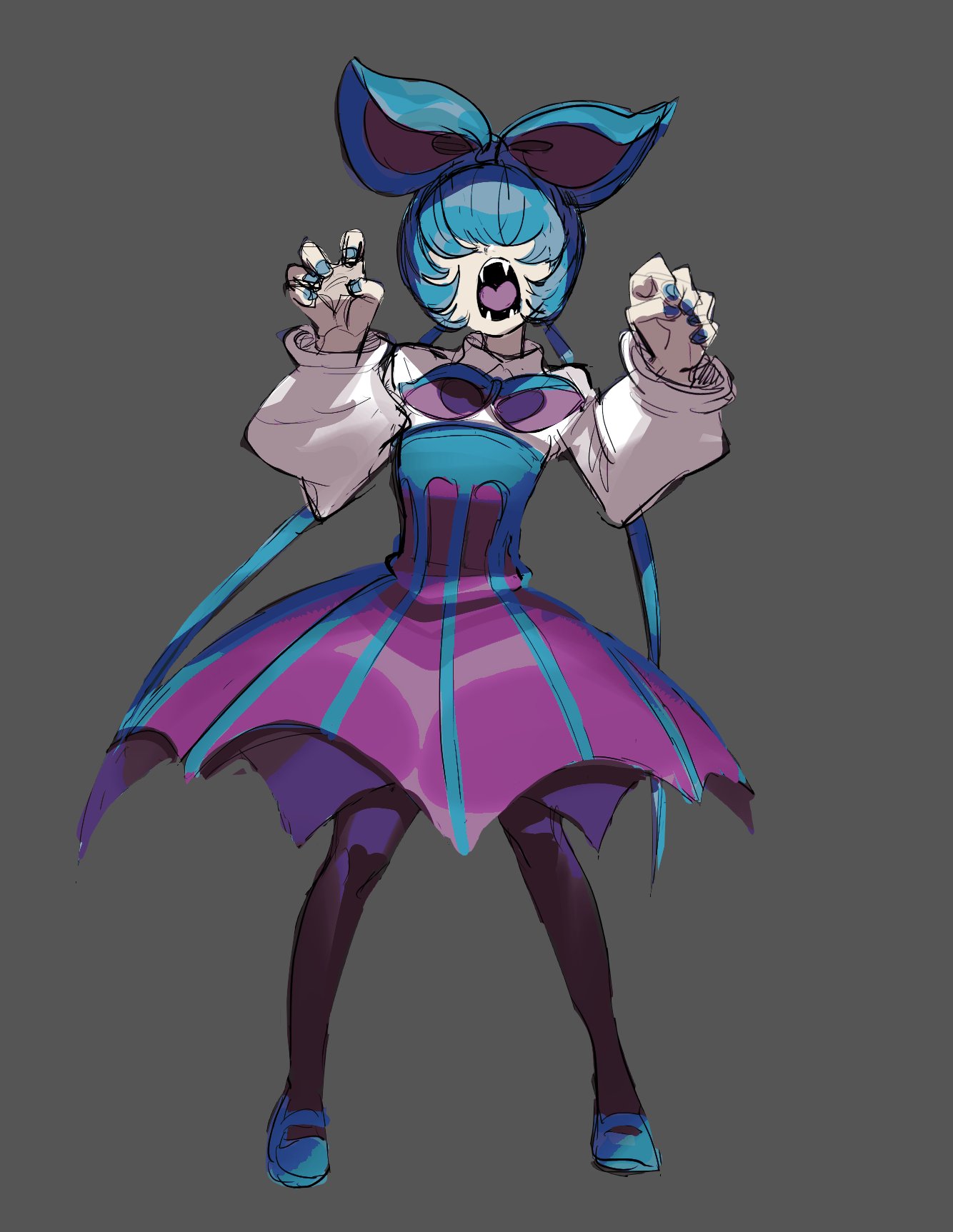 dancho no mori, zubat, nintendo, pokemon, highres, 1girl, black pantyhose, blue dress, blue hair, blue nails, blue shoes, bow, collared shirt, dress, fangs, fingernails, flat chest, full body, gen 1 pokemon, grey background, hair bow, hair over eyes, hands up, legs apart, long sleeves, mary janes, nail polish, open mouth, pantyhose, personification, purple dress, shirt, shirt under dress, shoes, short hair, simple background, solo, standing, two-tone dress, white shirt