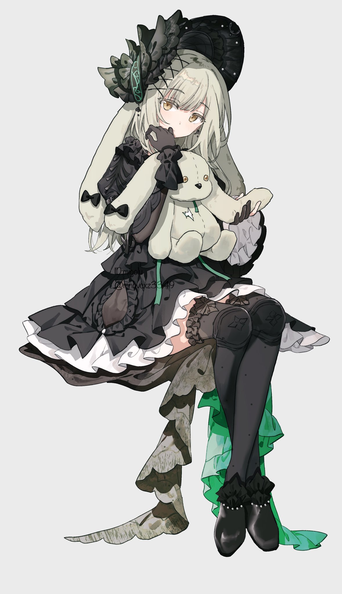 migolu, character request, copyright request, highres, 1girl, black bonnet, black dress, black shoes, black thighhighs, blonde hair, bonnet, closed mouth, dress, frilled dress, frills, full body, hair ornament, hand up, invisible chair, long hair, looking at viewer, shoes, short sleeves, simple background, sitting, solo, stuffed animal, stuffed rabbit, stuffed toy, thighhighs, white background, x hair ornament, yellow eyes
