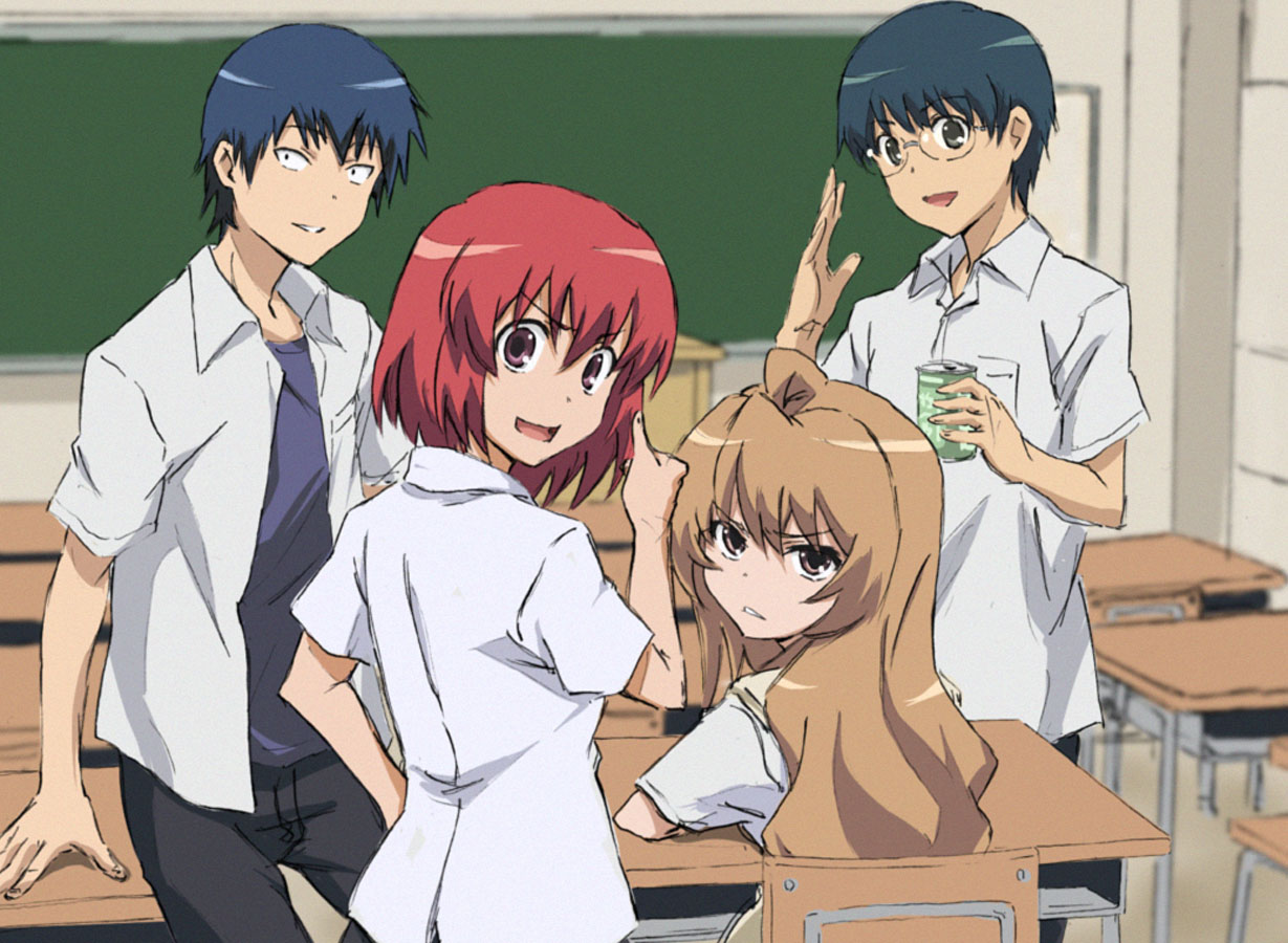 kumosuke, aisaka taiga, kitamura yuusaku, kushieda minori, takasu ryuuji, toradora!, 00s, 2boys, 2girls, blonde hair, blue hair, can, chair, chalkboard, classroom, desk, drink can, glasses, indoors, long hair, looking at viewer, looking back, multiple boys, multiple girls, on chair, red hair, school, school desk, school uniform, shirt, short hair, short sleeves, soda can, very long hair
