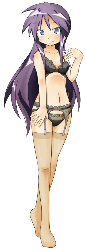 shing (sorairo factory), hiiragi miki, lucky star, 00s, 1girl, blue eyes, bra, female focus, garter belt, lace, lingerie, long hair, mature female, navel, panties, purple hair, see-through clothes, see-through legwear, smile, solo, thighhighs, underwear, underwear only