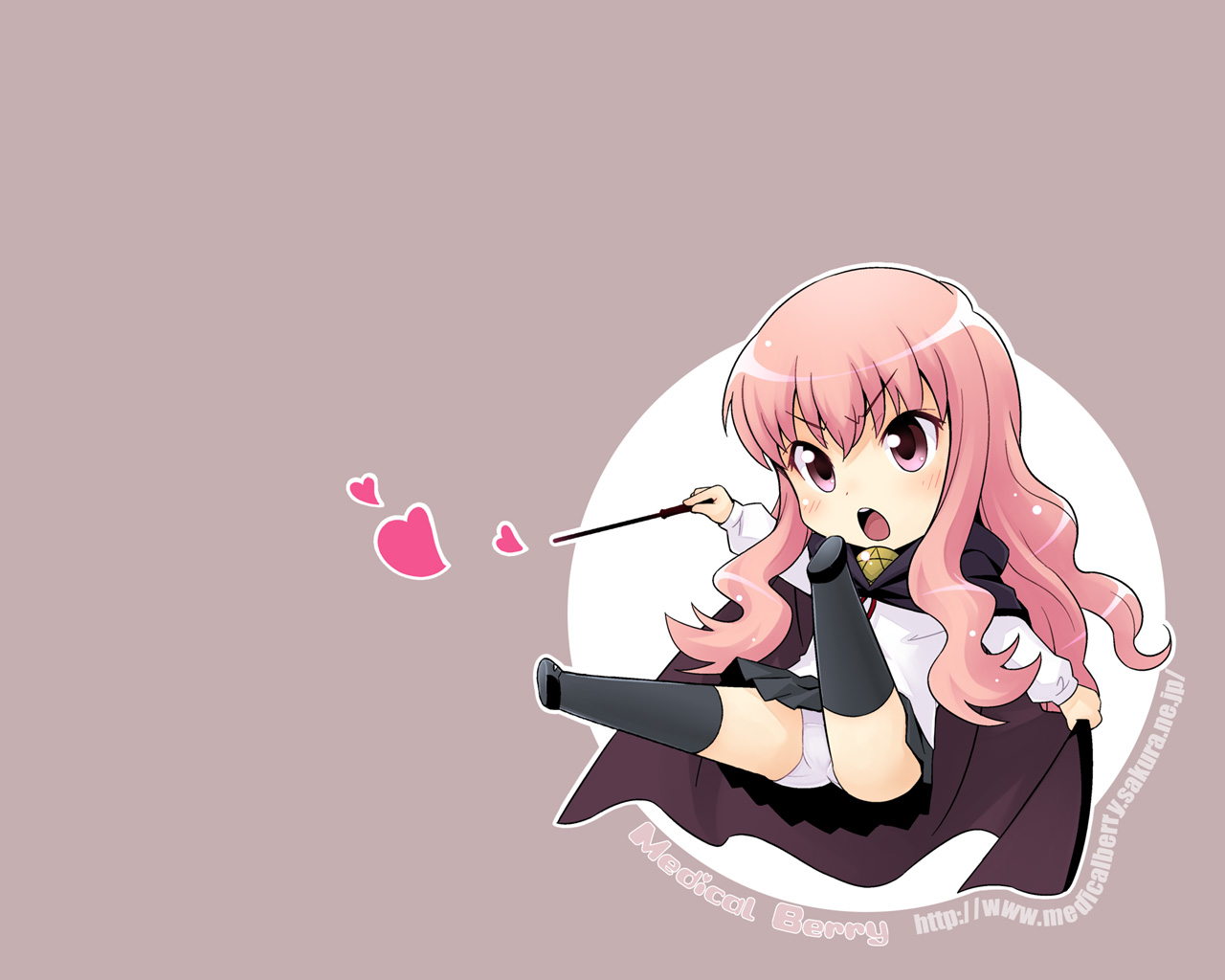 ha-ru, louise francoise le blanc de la valliere, zero no tsukaima, 00s, cape, chibi, heart, long hair, pink eyes, pink hair, skirt, solo, thighhighs, wand