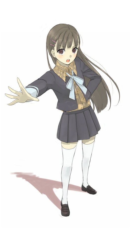 01 0219, brown hair, hair ornament, hairclip, long hair, skirt, solo, thighhighs, white thighhighs