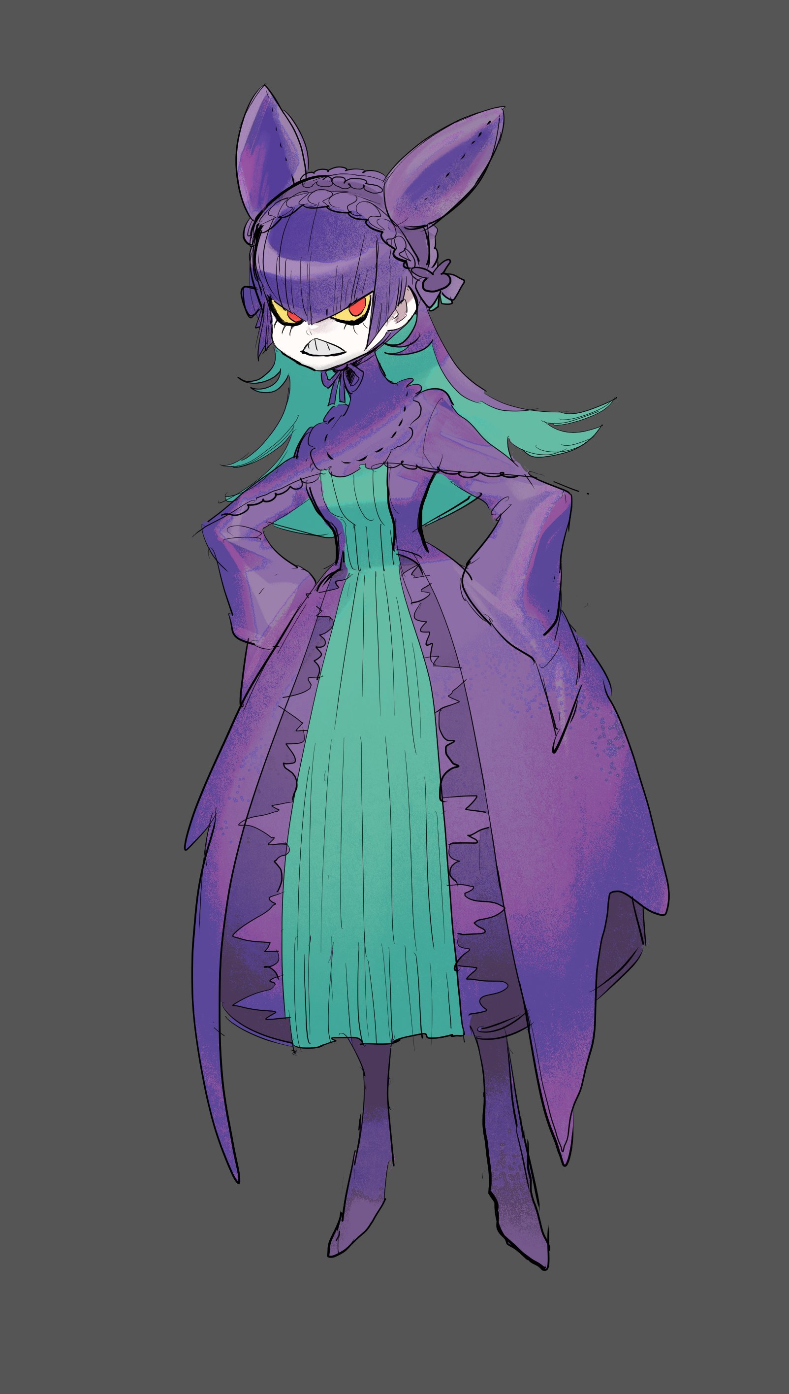 dancho no mori, crobat, nintendo, pokemon, absurdres, highres, 1girl, aqua dress, aqua hair, colored inner hair, colored sclera, dress, eyelashes, full body, gen 2 pokemon, grey background, hairband, hands on own hips, legs apart, lolita fashion, lolita hairband, long hair, multicolored hair, no pupils, personification, purple dress, purple hair, purple hairband, red eyes, simple background, solo, standing, teeth, two-tone dress, two-tone hair, yellow sclera