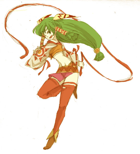 takara (lvg), feena (grandia), game arts, grandia, grandia i, 1girl, brown shoes, female focus, hair tubes, long hair, low-tied long hair, red thighhighs, shoes, simple background, solo, thighhighs, whip, white background