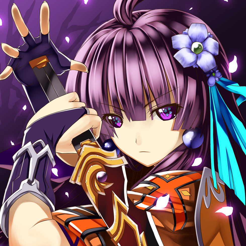 fourteen, original, 1girl, bridal gauntlets, fantasy, female focus, fingerless gloves, flower, gloves, hair ornament, purple eyes, purple hair, solo, sword, symbol-shaped pupils, weapon