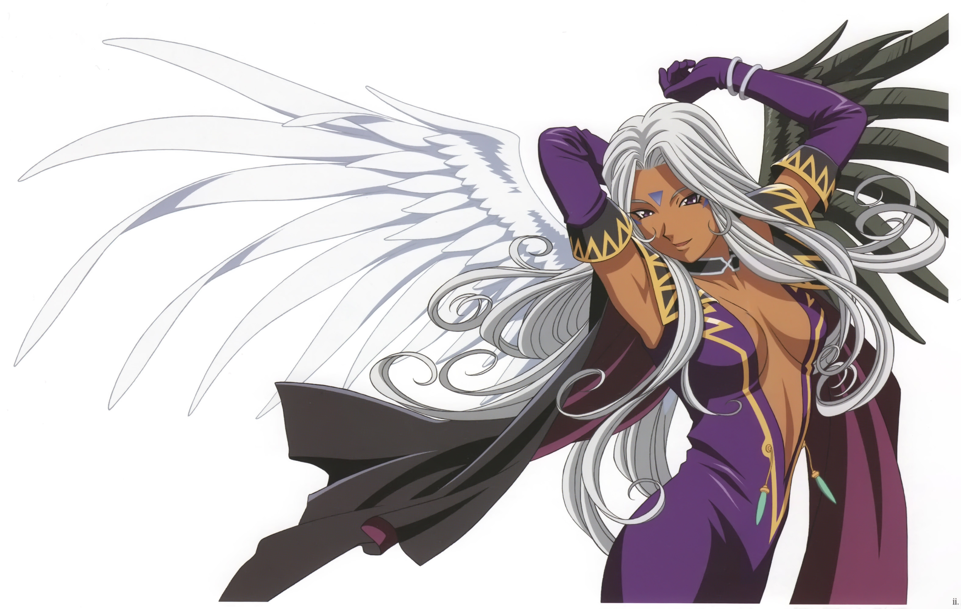 urd (aa megami-sama), aa megami-sama, highres, 1girl, armpits, arms up, black wings, bracelet, breasts, cleavage, dark-skinned female, dark skin, dress, elbow gloves, facial mark, female focus, forehead mark, gloves, jewelry, long hair, purple eyes, solo, white hair, wings