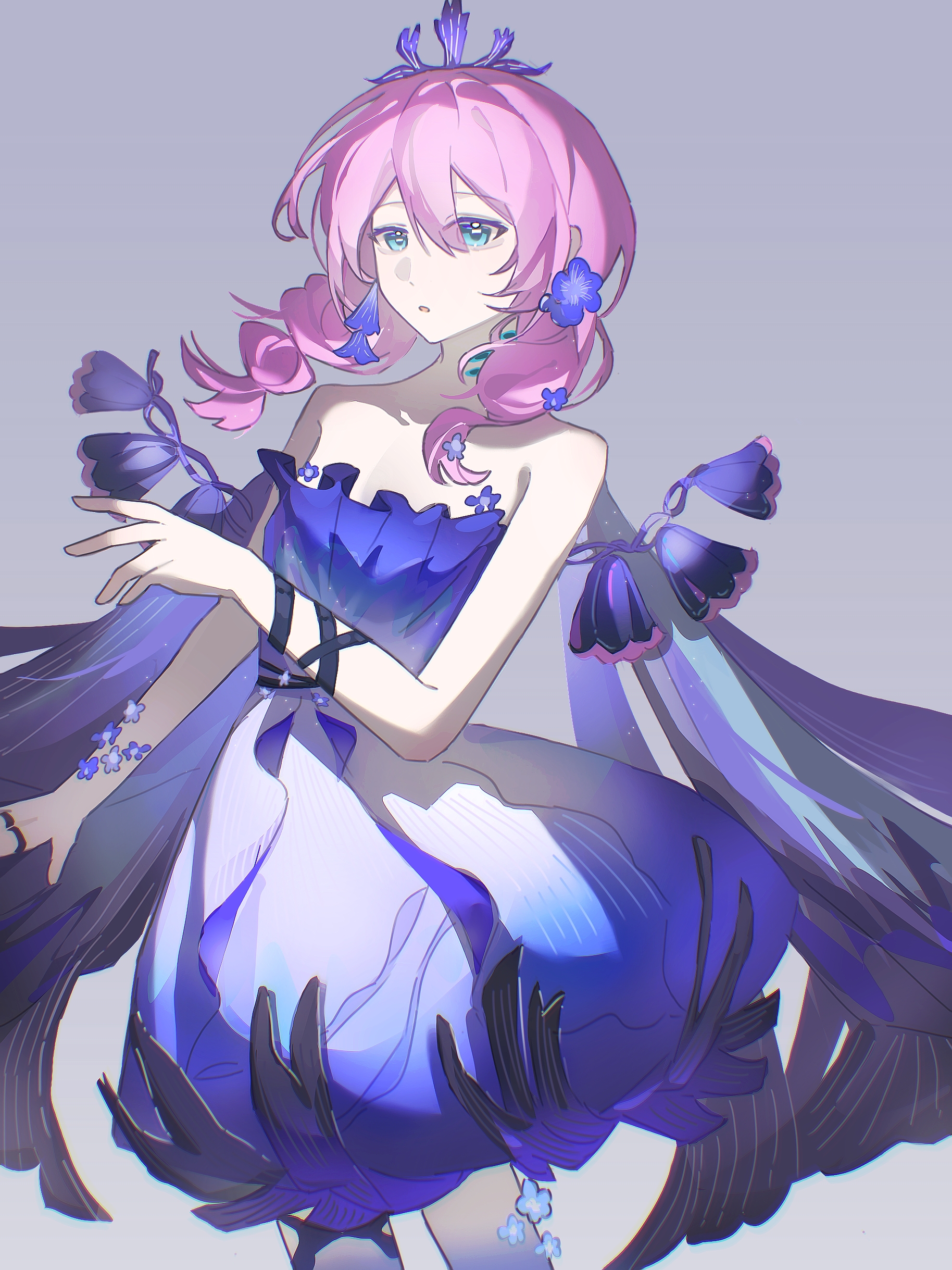 blue poison (arknights), blue poison (nocturne of elysia) (arknights), arknights, absurdres, chinese commentary, commentary request, highres, 1girl, arm strap, bare shoulders, blue eyes, chromatic aberration, cowboy shot, dress, flower, grey background, hair between eyes, hair flower, hair ornament, jewelry, jiu yi wu, looking at viewer, medium hair, official alternate costume, parted lips, pink hair, purple dress, purple flower, ring, simple background, solo, standing, strapless, strapless dress