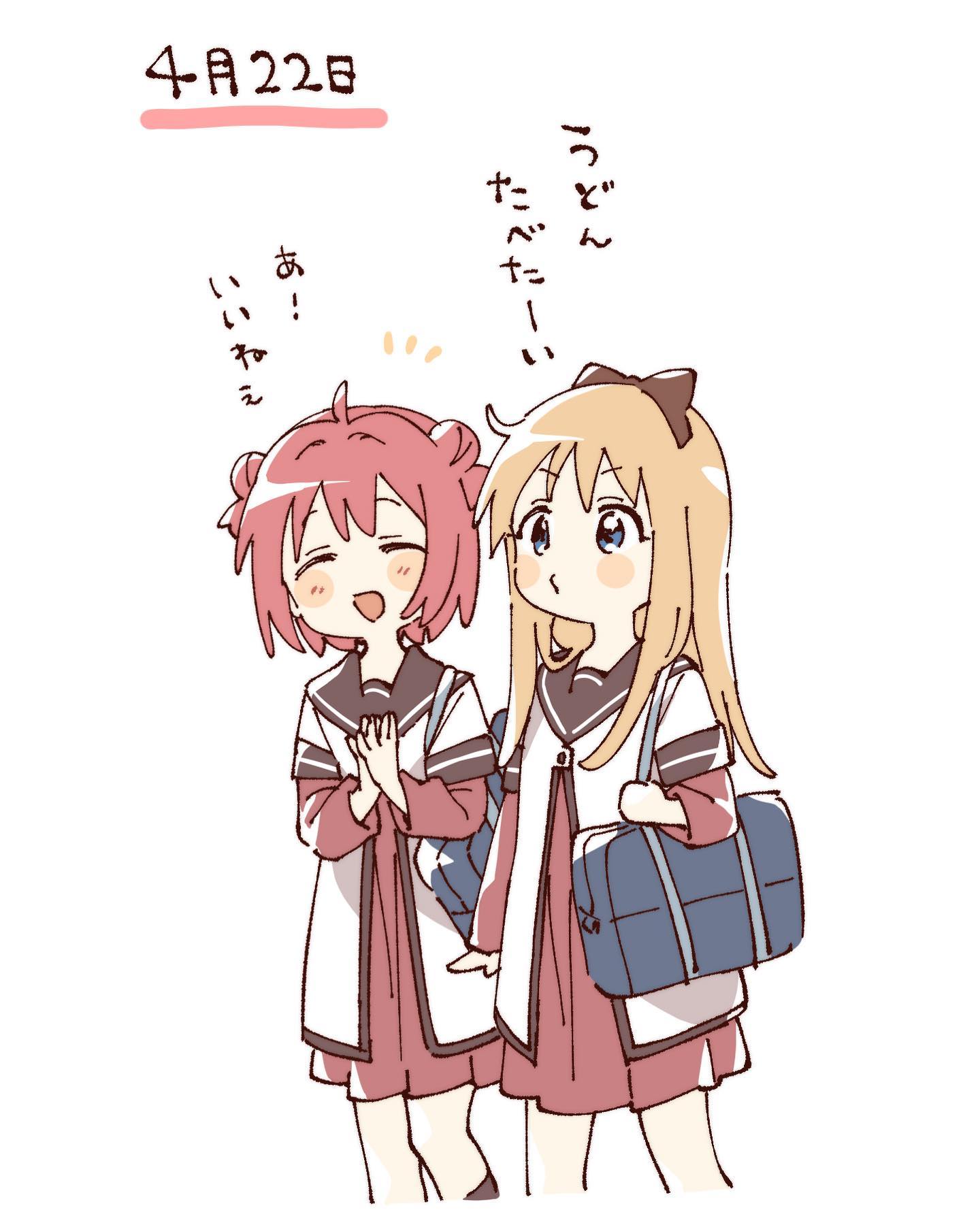 namori, akaza akari, toshinou kyouko, yuruyuri, commentary request, hashtag-only commentary, highres, 2girls, :d, ^ ^, ahoge, bag, blonde hair, blue eyes, blush stickers, bow, brown bow, brown sailor collar, closed eyes, closed mouth, cropped legs, double bun, dress, hair bow, hair bun, layered sleeves, long hair, long sleeves, multiple girls, nanamori school uniform, notice lines, open mouth, pleated dress, red dress, red hair, sailor collar, school bag, school uniform, shirt, short hair, short over long sleeves, short sleeves, simple background, smile, white background, white shirt