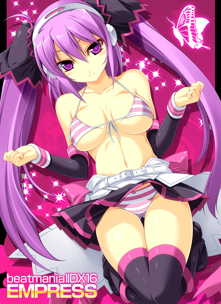 kinoshita ichi, mizushiro celica, beatmania iidx, beatmania iidx 16 empress, bemani, 1girl, bare shoulders, belt, bikini, breasts, bug, butterfly, collarbone, copyright name, detached sleeves, female focus, front-tie top, headphones, insect, large breasts, long hair, looking at viewer, navel, panties, pantyshot, purple eyes, purple hair, skirt, smile, solo, string bikini, striped bikini, striped clothes, striped panties, swimsuit, thigh gap, thighhighs, thighs, twintails, underwear, upskirt