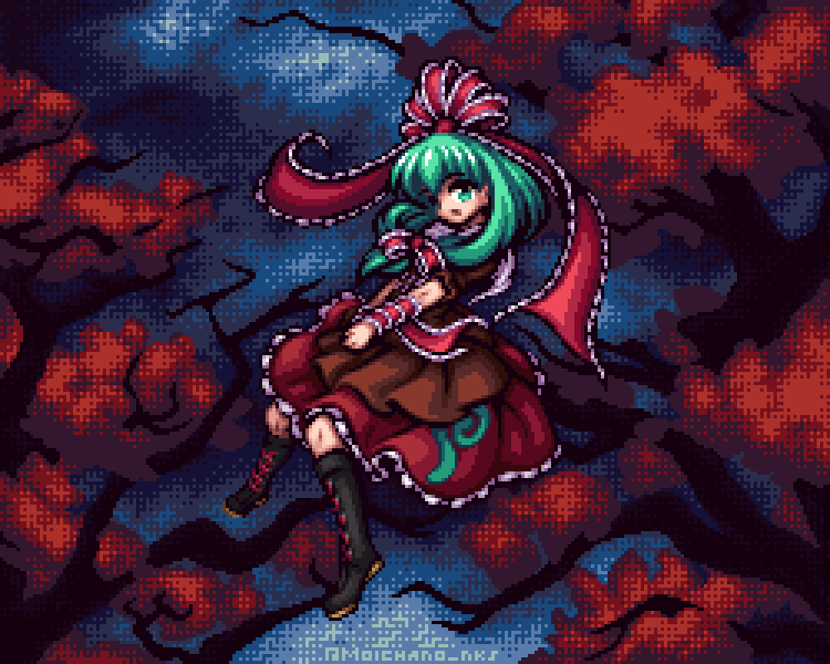 kagiyama hina, mountain of faith, touhou, 1girl, black boots, boots, bow, dress, forest, frilled dress, frilled ribbon, frills, front ponytail, green eyes, green hair, hair ribbon, long hair, looking at viewer, moichano, nature, pixel art, red bow, red dress, red ribbon, ribbon, solo