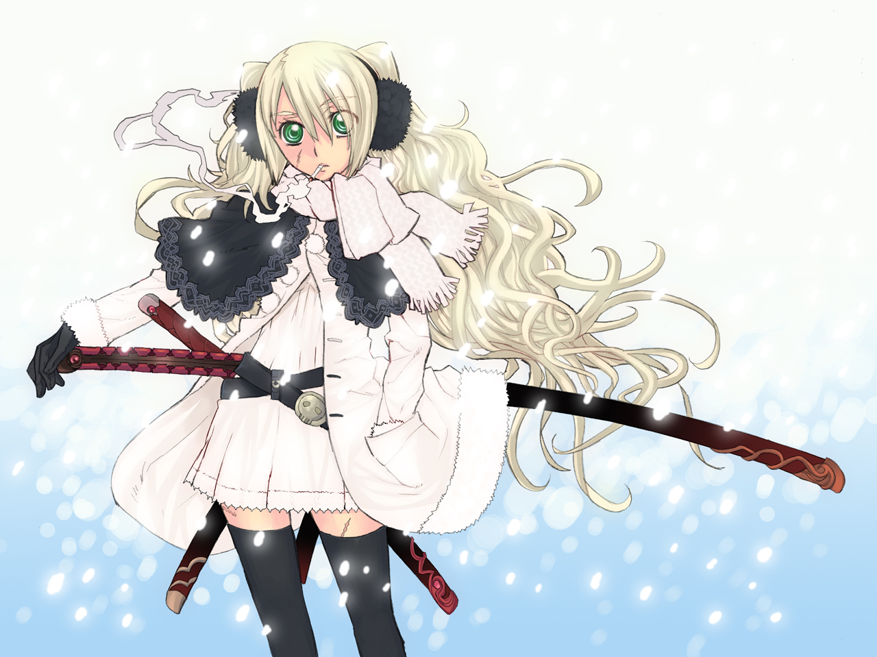 nagy, original, blonde hair, cigarette, earmuffs, gloves, green eyes, katana, long hair, ootachi, scar, scarf, smoking, snow, solo, sword, thighhighs, weapon, zettai ryouiki