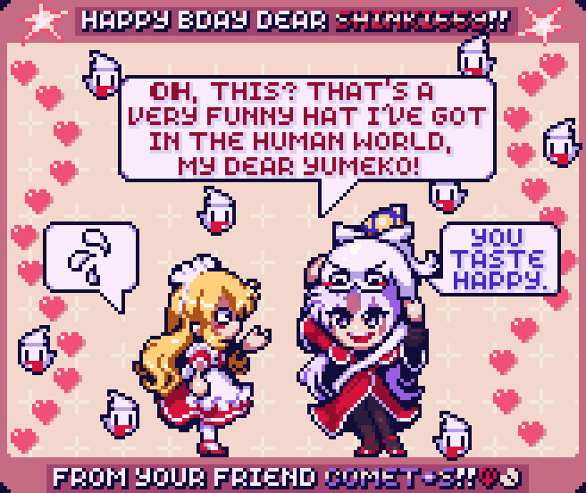 comet summoner98, bakebake (touhou), mima (touhou), shinki (touhou), yumeko (touhou), touhou, touhou (pc-98), 3girls, apron, birthday, blonde hair, capelet, dress, frills, ghost, grey eyes, grey hair, hair bobbles, hair ornament, hat, heart, long hair, maid, maid headdress, multiple girls, open mouth, pixel art, puffy short sleeves, puffy sleeves, red dress, ribbon, short sleeves, smile, speech bubble, talking, witch hat, yellow eyes