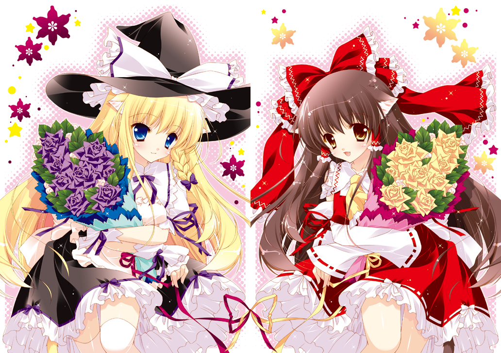 shigunyan, hakurei reimu, kirisame marisa, touhou, 2girls, animal ears, blonde hair, blue eyes, bouquet, brown hair, cat ears, cat girl, female focus, flower, kemonomimi mode, multiple girls, thighhighs