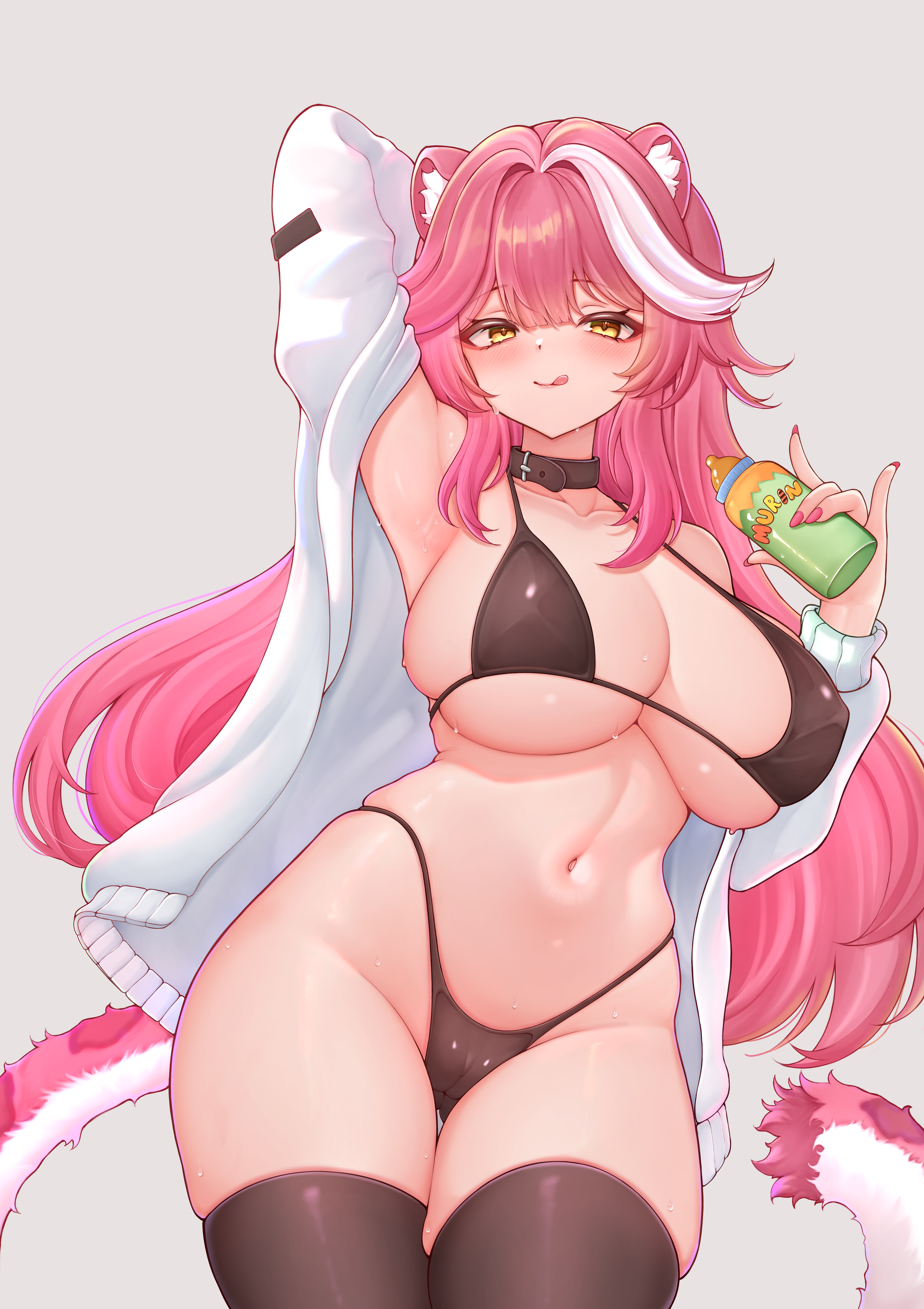 honon, raora panthera, hololive, hololive english, absurdres, commentary, english commentary, highres, 1girl, :q, alternate costume, animal ear fluff, animal ears, arm behind head, arm up, bikini, black bikini, black choker, black thighhighs, bottle, breasts, cameltoe, center-flap bangs, choker, cleavage, covered erect nipples, cowboy shot, grey background, hair intakes, highleg, highleg bikini, holding, holding bottle, large breasts, linea alba, long hair, looking at viewer, multicolored hair, navel, open clothes, open shirt, panther ears, panther girl, panther tail, pink hair, shirt, sidelocks, simple background, smile, solo, stomach, streaked hair, string bikini, swimsuit, tail, thighhighs, tongue, tongue out, very long hair, virtual youtuber, white hair, white shirt, yellow eyes
