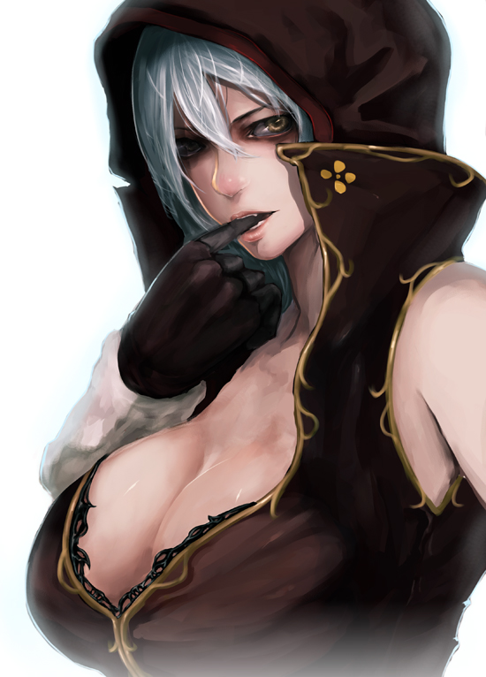 asanuma, fantasy earth zero, silver hair, bad id, bad pixiv id, 1girl, breasts, cleavage, fang, female focus, hood, huge breasts, popped collar, solo, yellow eyes