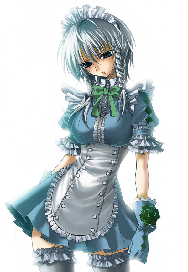 umeiro, izayoi sakuya, touhou, silver hair, bad id, bad pixiv id, 1girl, braid, breasts, female focus, hairband, large breasts, maid, ribbon, short hair, solo, thighhighs, twin braids