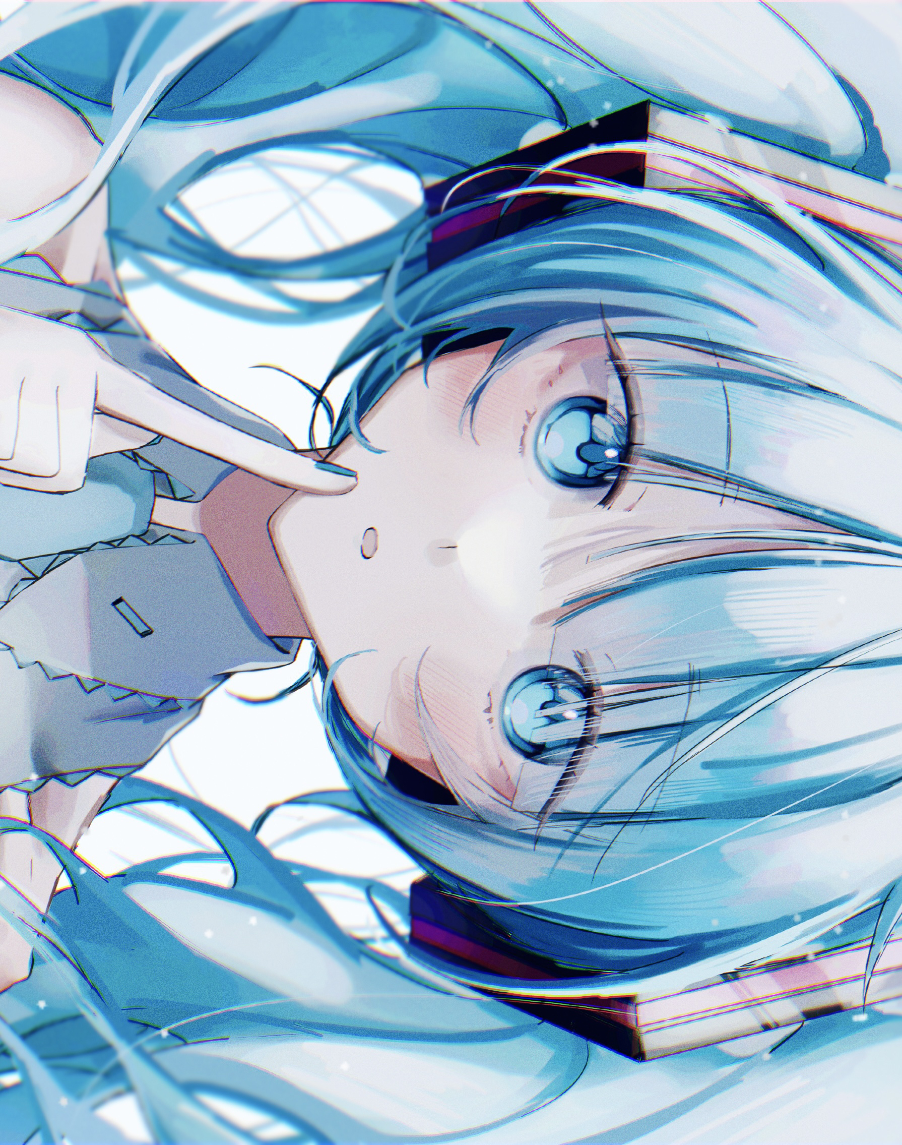 saksak mocchiri, hatsune miku, vocaloid, commentary request, highres, 1girl, :o, aqua nails, aqua necktie, bare shoulders, blue eyes, blue hair, blush, collared shirt, finger to mouth, grey shirt, index finger raised, long hair, looking at viewer, necktie, open mouth, portrait, shirt, sideways, simple background, solo, white background
