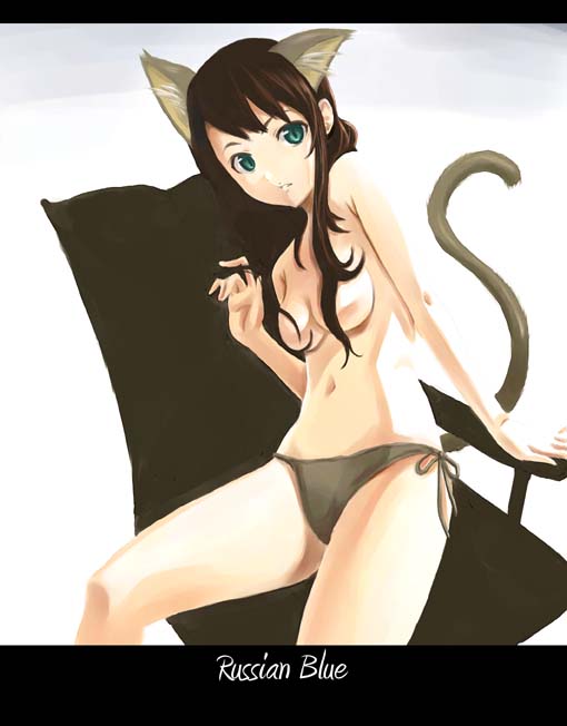 futari no ana, original, 1girl, animal ears, breasts, brown hair, cat ears, cat tail, female focus, green eyes, letterboxed, long hair, medium breasts, panties, side-tie panties, sitting, solo, tail, topless female, underwear