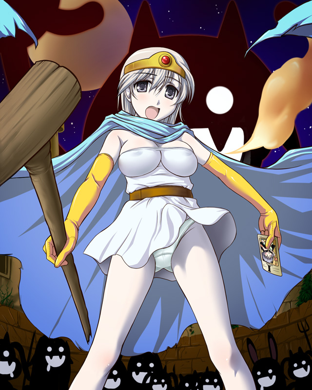 abriel00, eila ilmatar juutilainen, sage (dq3), chunsoft, dragon quest, dragon quest iii, enix, strike witches, world witches series, silver hair, 1girl, cape, card, circlet, cosplay, elbow gloves, female focus, gloves, holding, holding card, latex, latex gloves, long hair, panties, panties over pantyhose, pantyhose, sage (dq3) (cosplay), solo, staff, underwear, white pantyhose