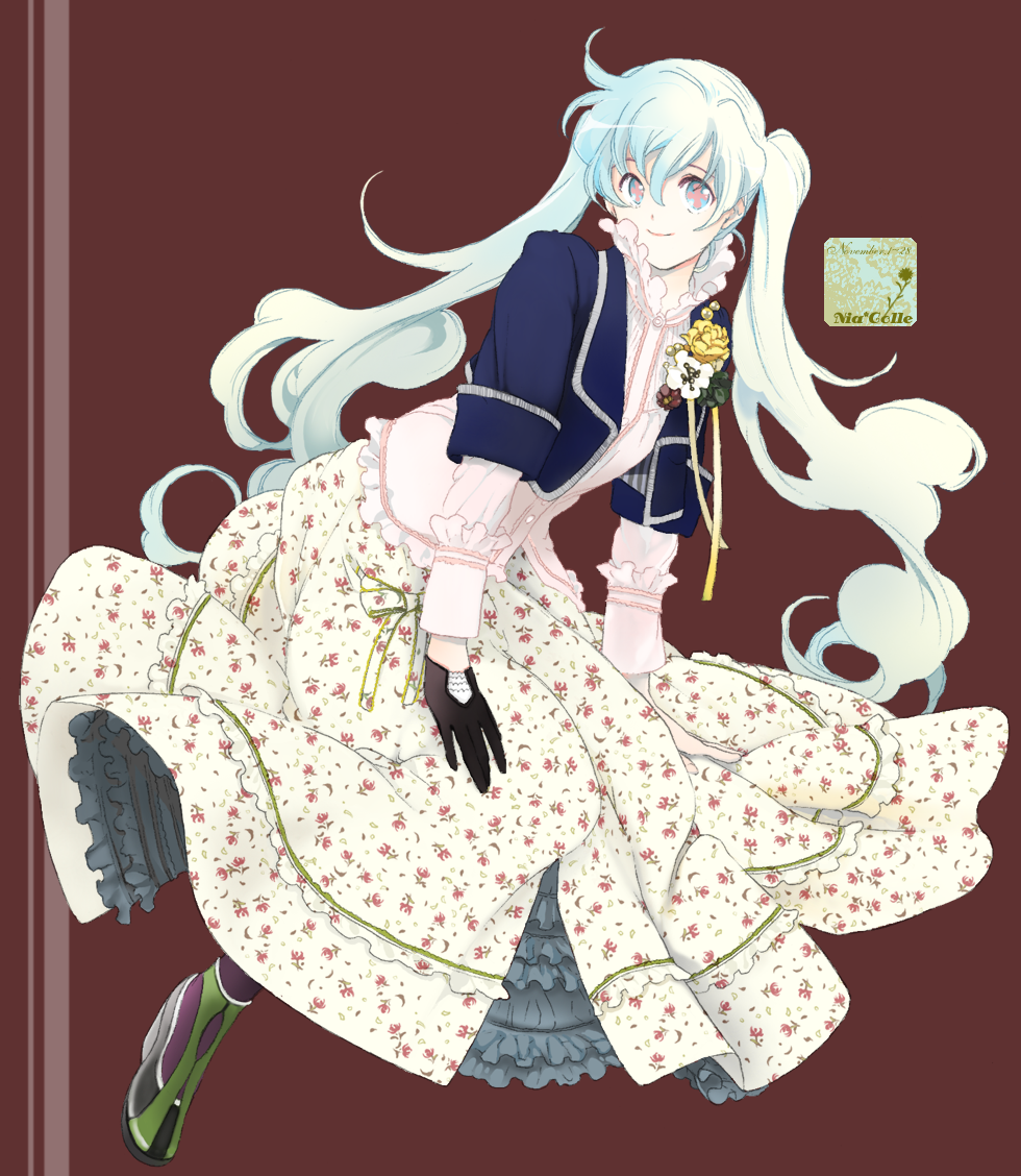 kanke (yonkuma), nia teppelin, tengen toppa gurren lagann, bad id, bad pixiv id, 00s, alternate hairstyle, blazer, blouse, dress, fashion, flower, frills, gloves, jacket, layered sleeves, long hair, long sleeves, multicolored hair, nia colle, shirt, shoes, short over long sleeves, short sleeves, smile, solo, twintails