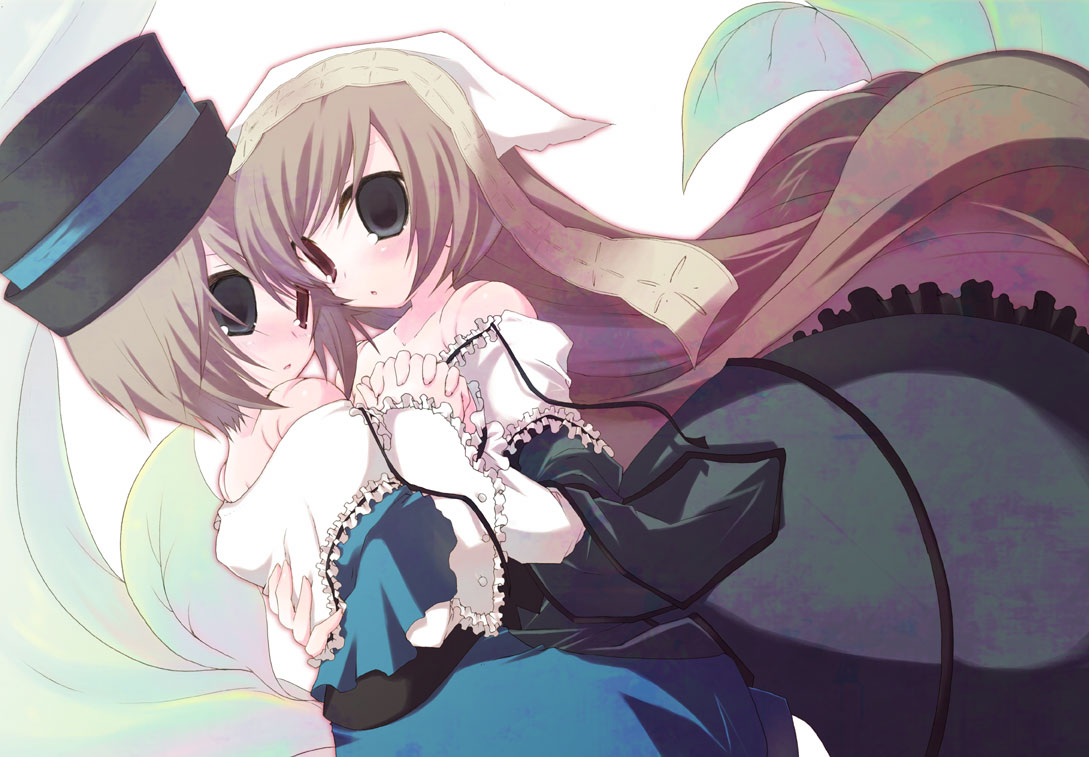 kosori (dennoukitan), yuugi, souseiseki, suiseiseki, rozen maiden, 00s, 2girls, brown hair, hat, headscarf, heterochromia, holding hands, long hair, multiple girls, short hair, siblings, sisters, twins, white headscarf