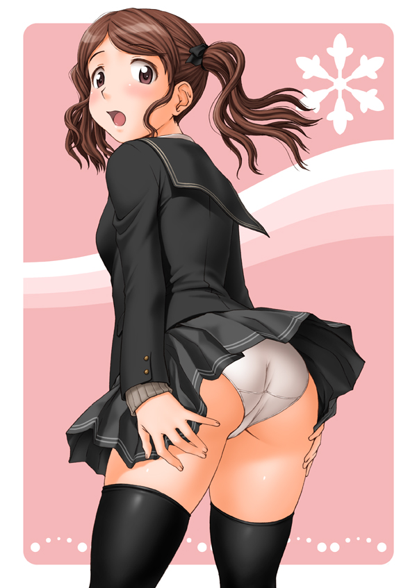 shinogi a-suke, nakata sae, amagami, 1girl, ass, black thighhighs, brown eyes, brown hair, clothes lift, female focus, panties, school uniform, serafuku, skirt, skirt lift, solo, thighhighs, twintails, underwear, wind, wind lift