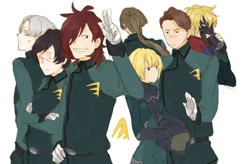 giorgio (akakosam), andrei smirnov, arbor lint, billy katagiri, graham aker, kati mannequin, louise halevy, mister bushido, patrick colasour, gundam, gundam 00, bad id, bad pixiv id, 00s, 2girls, 5boys, blonde hair, helmet, mask, multiple boys, multiple girls, ponytail, red hair