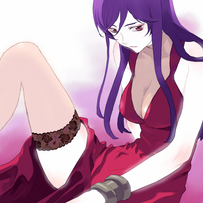 ginsyari, kishiwada robin, tieria erde, gundam, gundam 00, 00s, 1boy, dress, gin shari tsuchi kame, male focus, purple hair, red eyes, solo, thighhighs, trap
