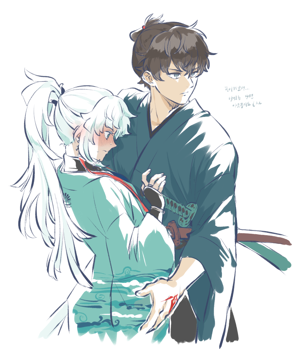 miyamoto iori (fate), yui shousetsu (fate), fate/samurai remnant, fate (series), commentary request, highres, 1boy, 1girl, aud0854 01, black hair, blue eyes, blue kimono, blush, closed mouth, command spell, grey hair, height difference, hug, japanese clothes, katana, kimono, long hair, ponytail, profile, short hair, simple background, sweat, sword, weapon, white background, wide sleeves