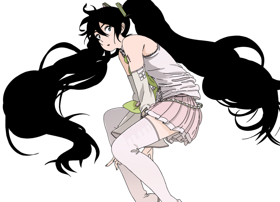 uki atsuya, hatsune miku, vocaloid, 1girl, alternate color, black hair, detached sleeves, female focus, long hair, lying, necktie, simple background, skirt, solo, thighhighs, twintails, zettai ryouiki