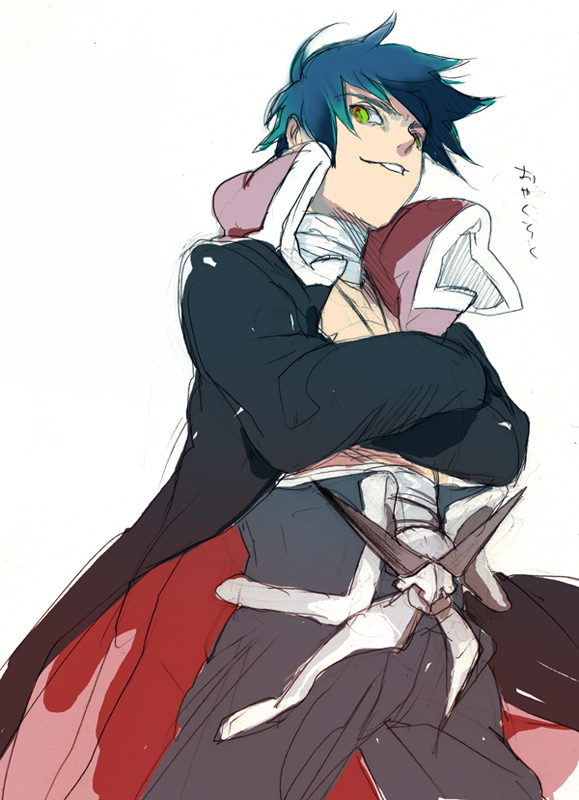 kanke (yonkuma), garlock simon, simon (ttgl), tengen toppa gurren lagann, 00s, 1boy, blue hair, coat, crossed arms, green eyes, male focus, short hair, solo, trench coat, white background