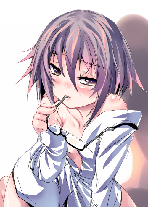 shiranagi, nagato yuki, suzumiya haruhi no yuuutsu, 00s, bare shoulders, glasses, open clothes, open shirt, purple eyes, purple hair, shirt, solo