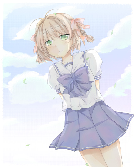 furui suguri, suzumiya haruka, kimi ga nozomu eien, 00s, 1girl, arms behind back, blonde hair, blue bow, blue bowtie, blue skirt, blue sky, bow, bowtie, cloud, female focus, green eyes, looking at viewer, pleated skirt, shirt, short hair, skirt, sky, solo, standing, twintails, white shirt