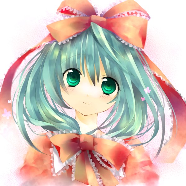 jin rikuri, kagiyama hina, touhou, 1girl, aqua hair, blush, bow, female focus, frills, front ponytail, green eyes, green hair, hair bow, hair ribbon, head tilt, long hair, matching hair/eyes, portrait, ribbon, smile, solo