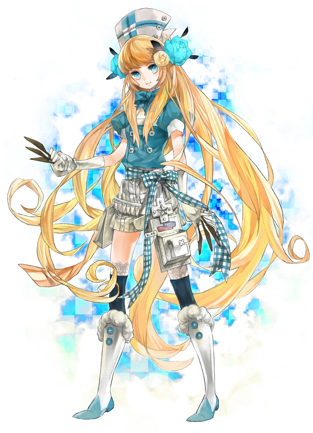 k ototo, highres, 1girl, aqua eyes, blonde hair, blue flower, blue rose, boots, female focus, flower, gloves, hair flower, hair ornament, hat, kunai, long hair, rose, solo, thighhighs, very long hair, weapon, yellow flower, yellow rose